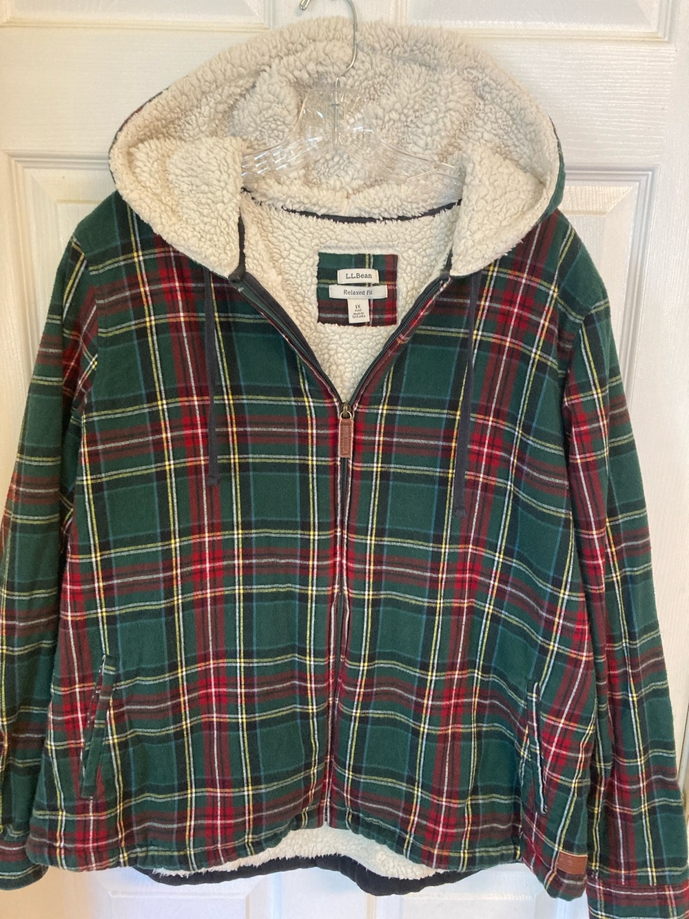 L.L. Bean Green and Red Plaid Sherpa-Lined Hooded Jacket
